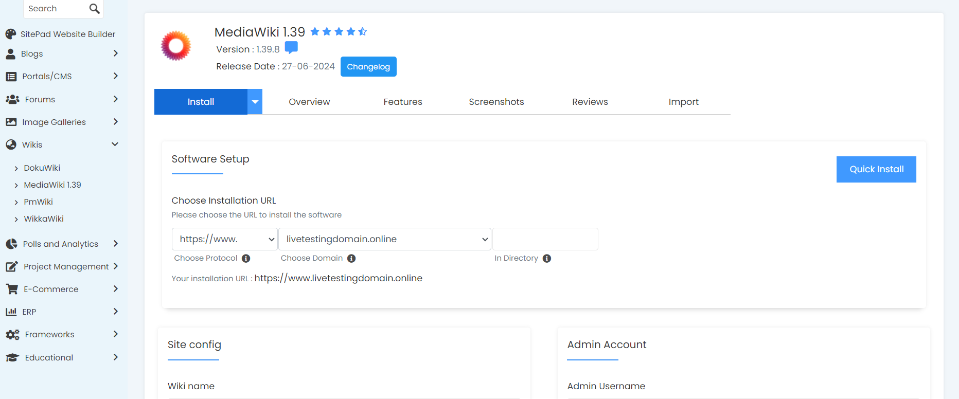 Install MediaWiki From Softaculous - MediaWiki Quick Install