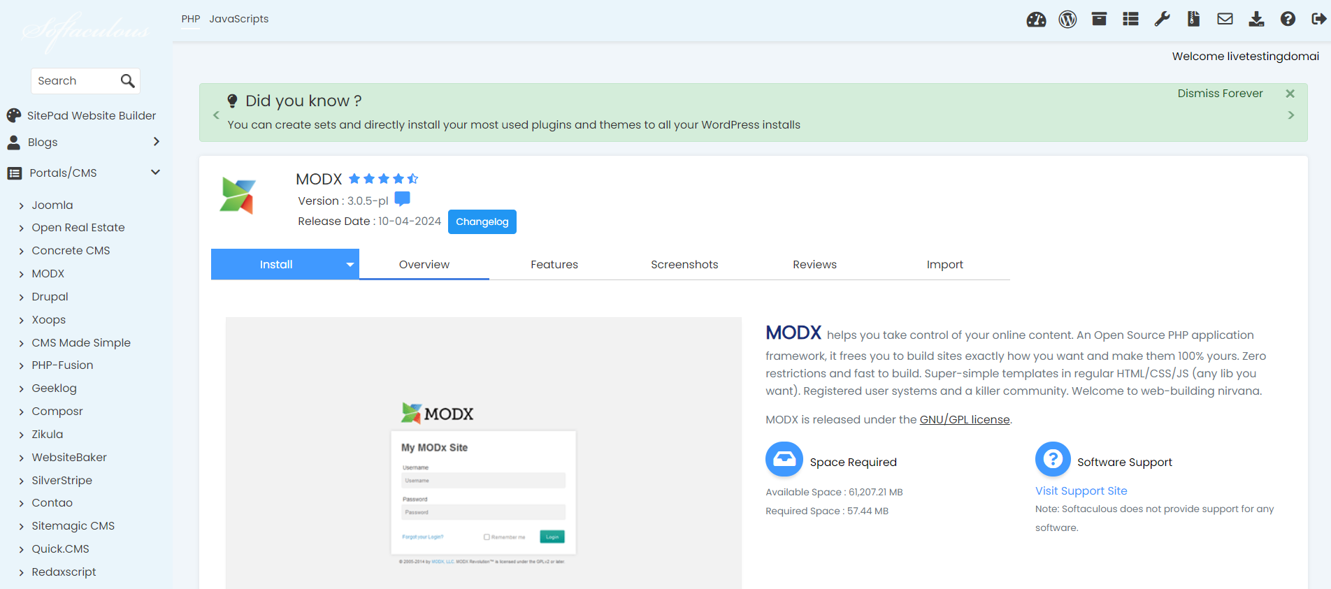 Install MODx From Softaculous - MODx in Softaculous