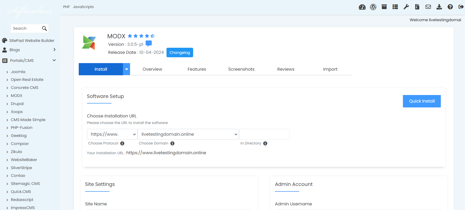 Install MODx From Softaculous - MODx Quick Install