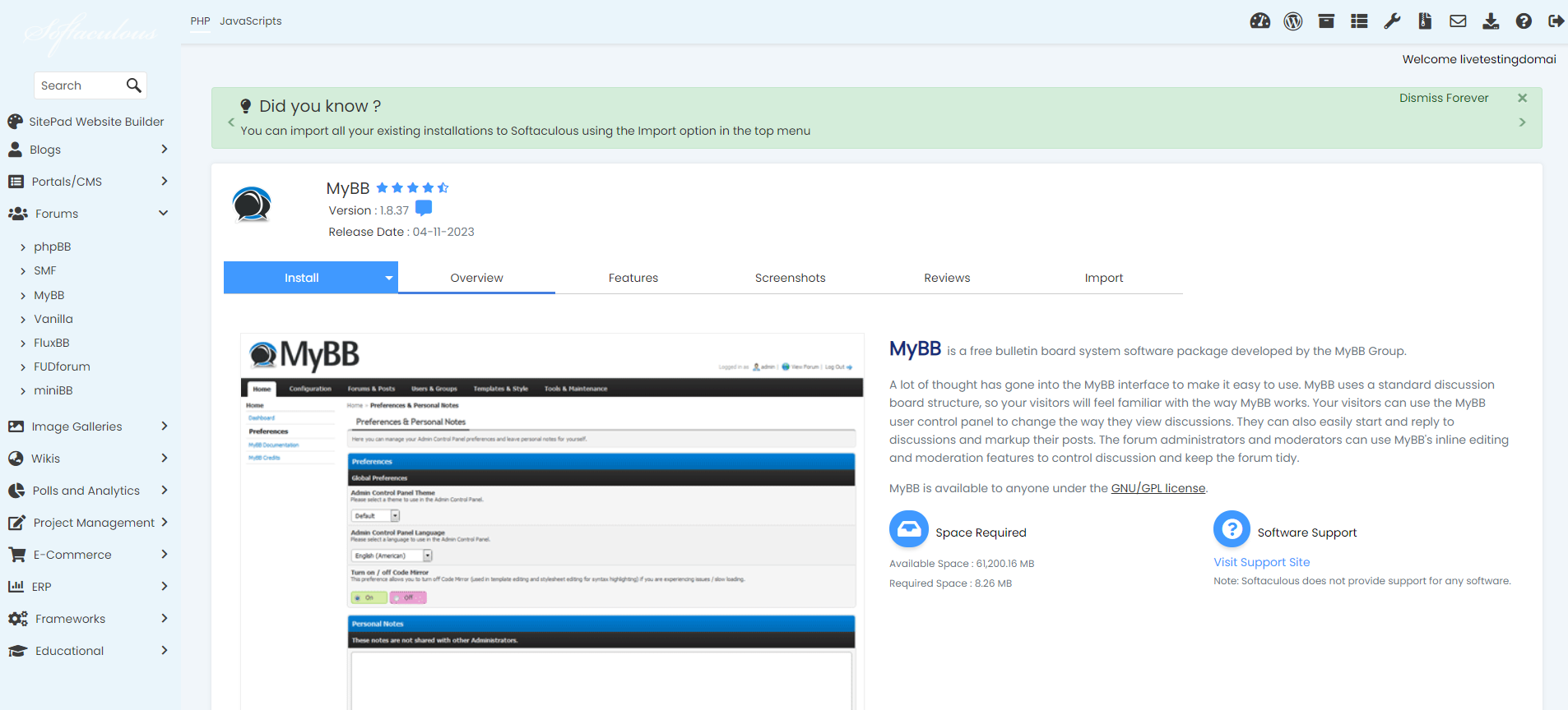 Install MyBB From Softaculous - MyBB Install
