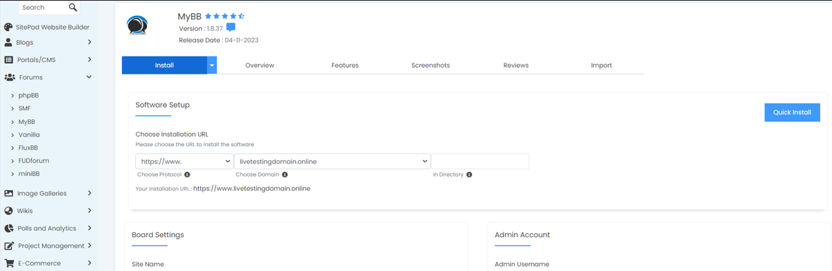 Install MyBB From Softaculous - Quick Install