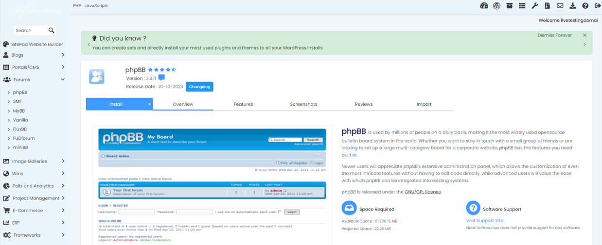 Install phpBB in Softaculous - phpBB My Board