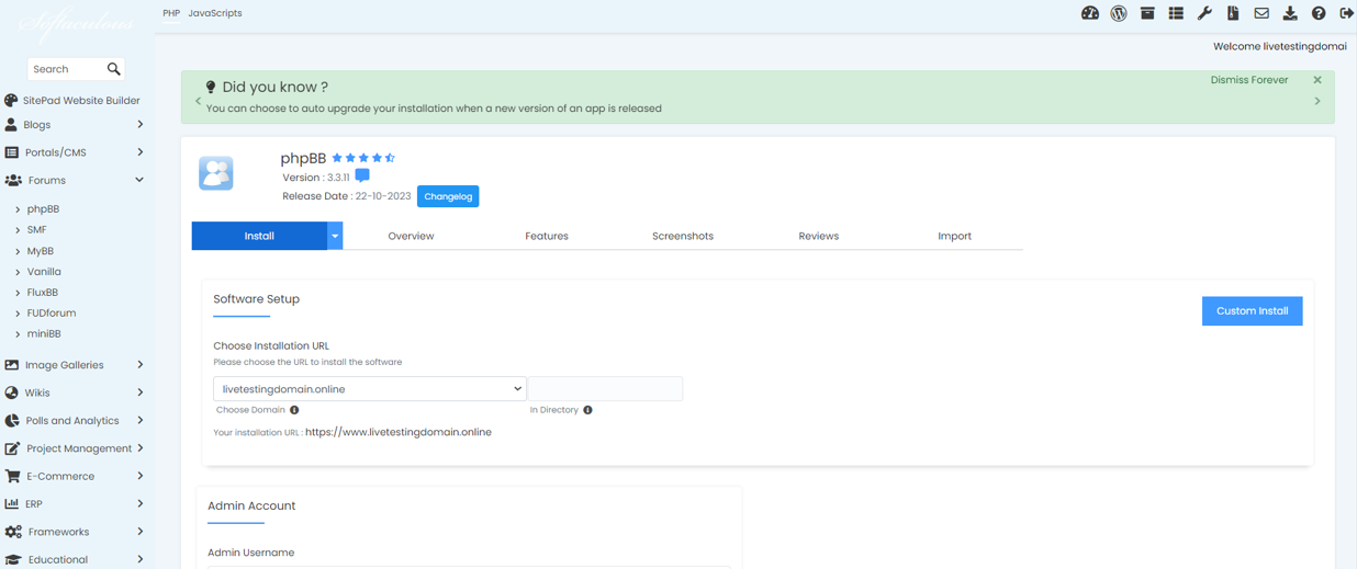 Install phpBB in Softaculous - Install phpBB My Board