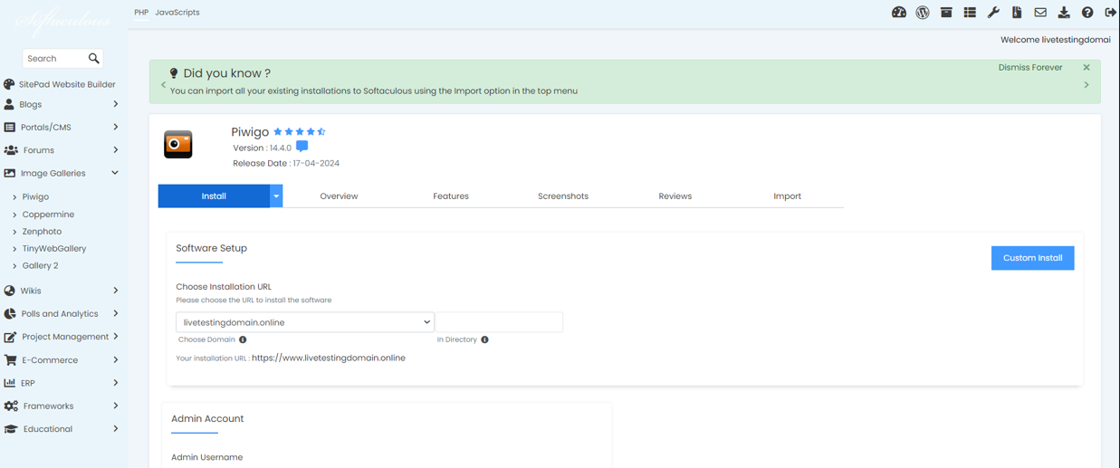 Install Piwigo From Softaculous - Piwigo Custom Install