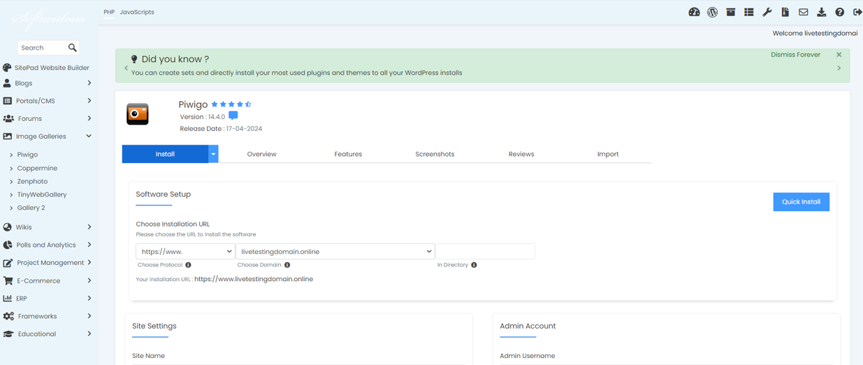 Install Piwigo From Softaculous - Piwigo Quick Install