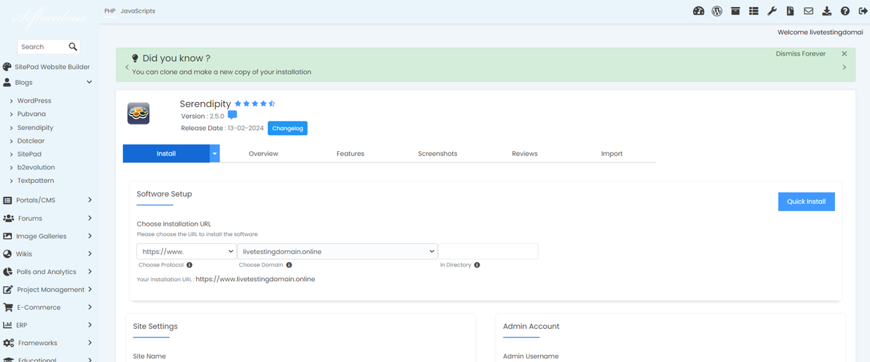 Install Serendipity From Softaculous - Serendipity Quick Install