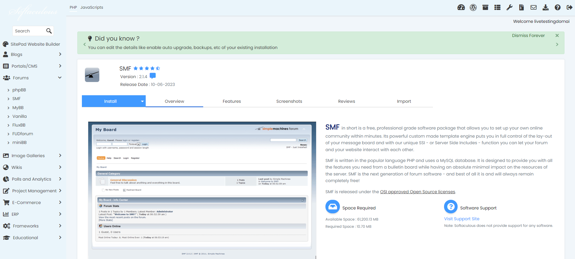 Install SMF From Softaculous - SMF Install