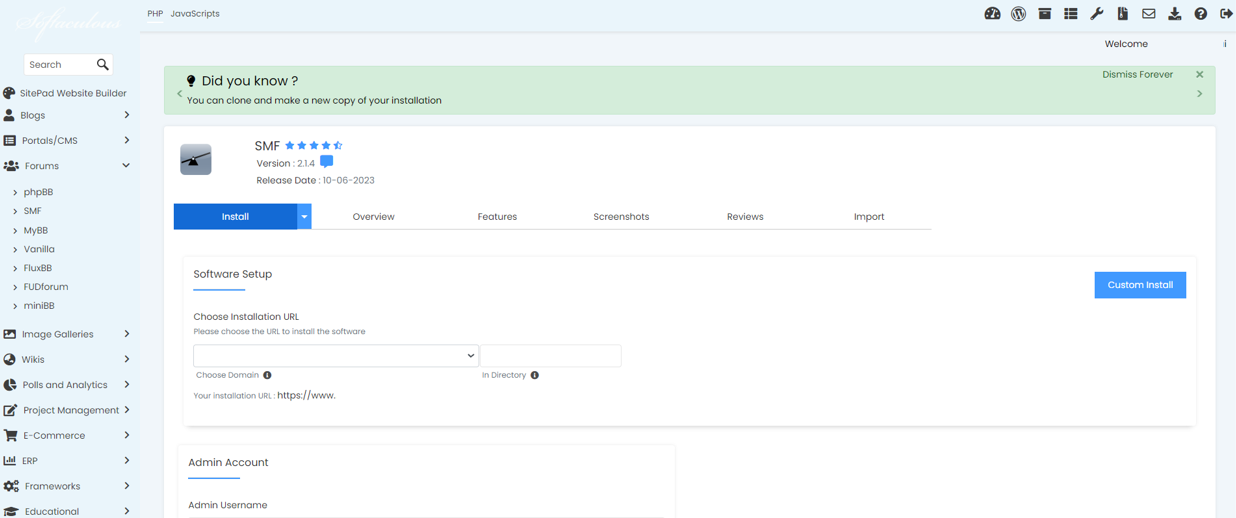 Install SMF From Softaculous - SMF Custom Install