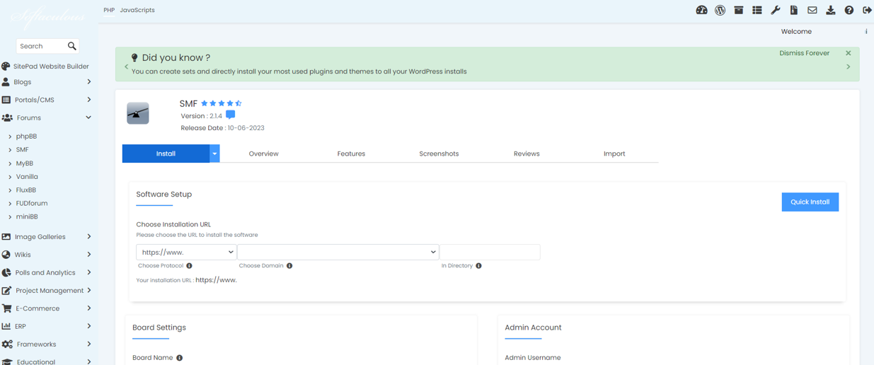 Install SMF From Softaculous - SMF Quick Install