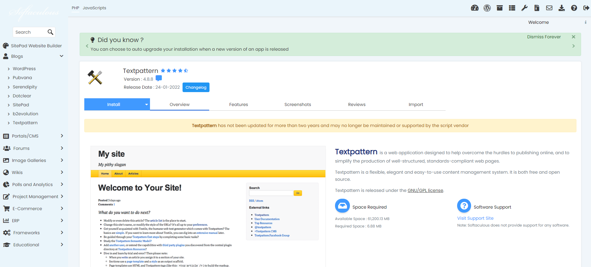 Install Textpattern From Softaculous - Textpattern Install