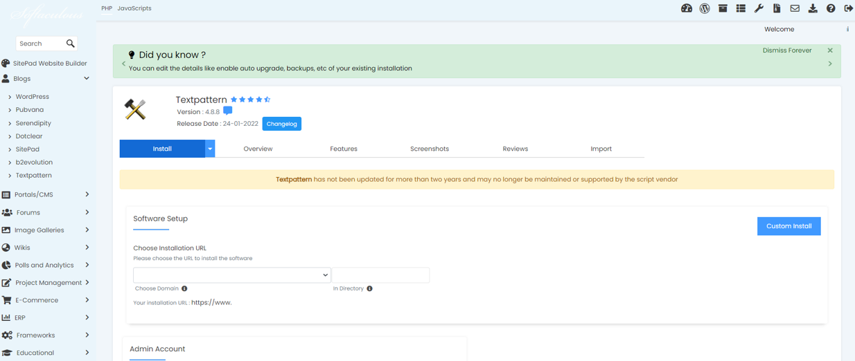 Install Textpattern From Softaculous - Textpattern Custom Install