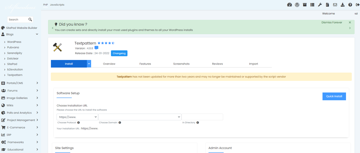 Install Textpattern From Softaculous - Textpattern Quick Install
