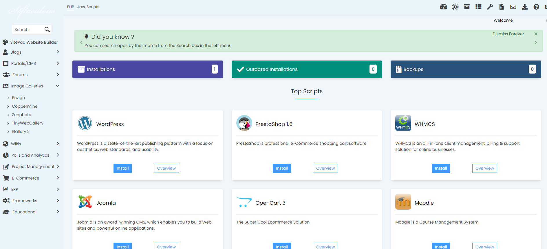 Install TinyWebGallery From Softaculous - Softaculous Dashboard