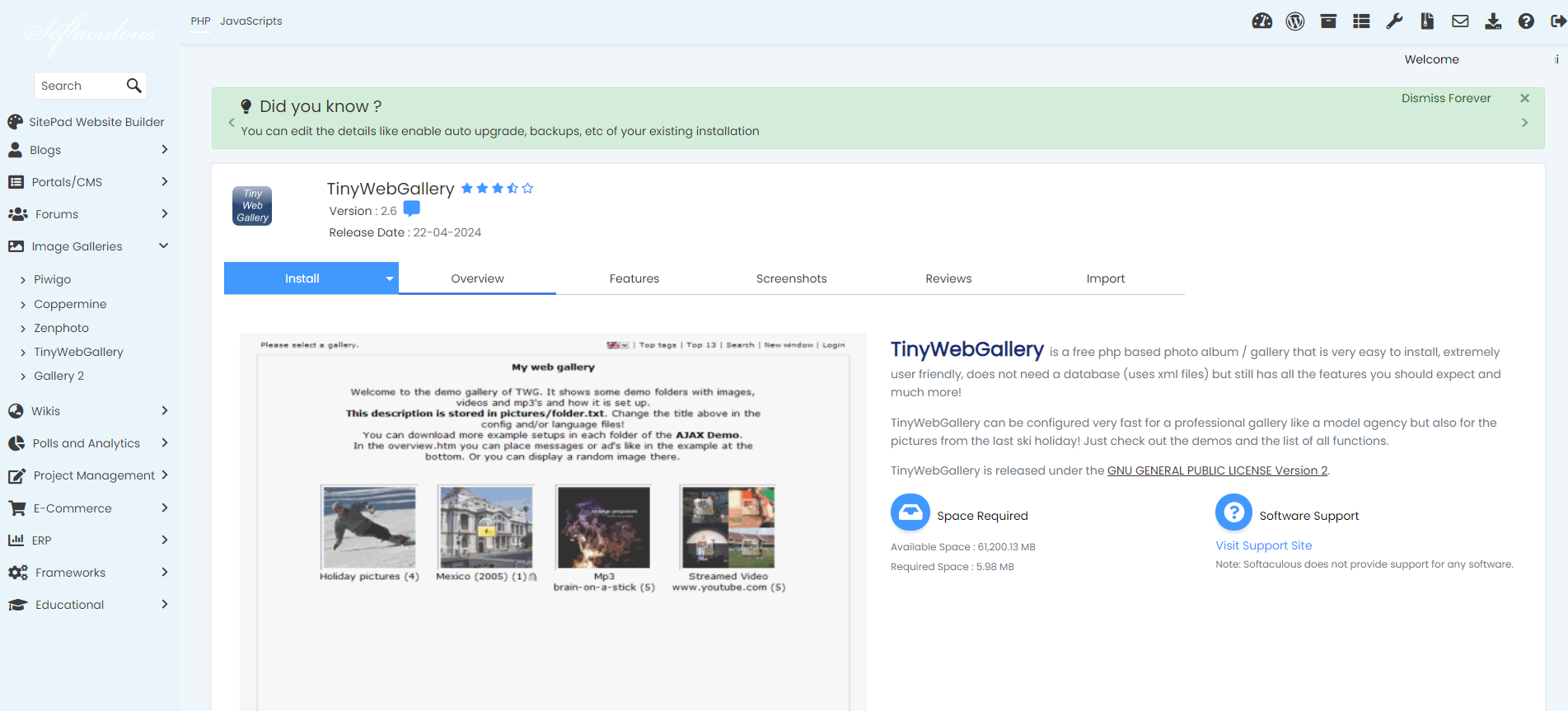Install TinyWebGallery From Softaculous - TinyWebGallery Install