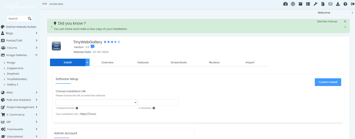 Install TinyWebGallery From Softaculous - TinyWebGallery Custom Install
