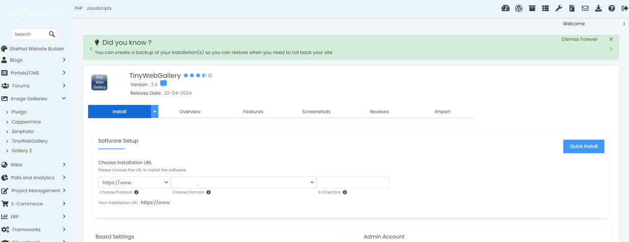 Install TinyWebGallery From Softaculous - TinyWebGallery Quick Install