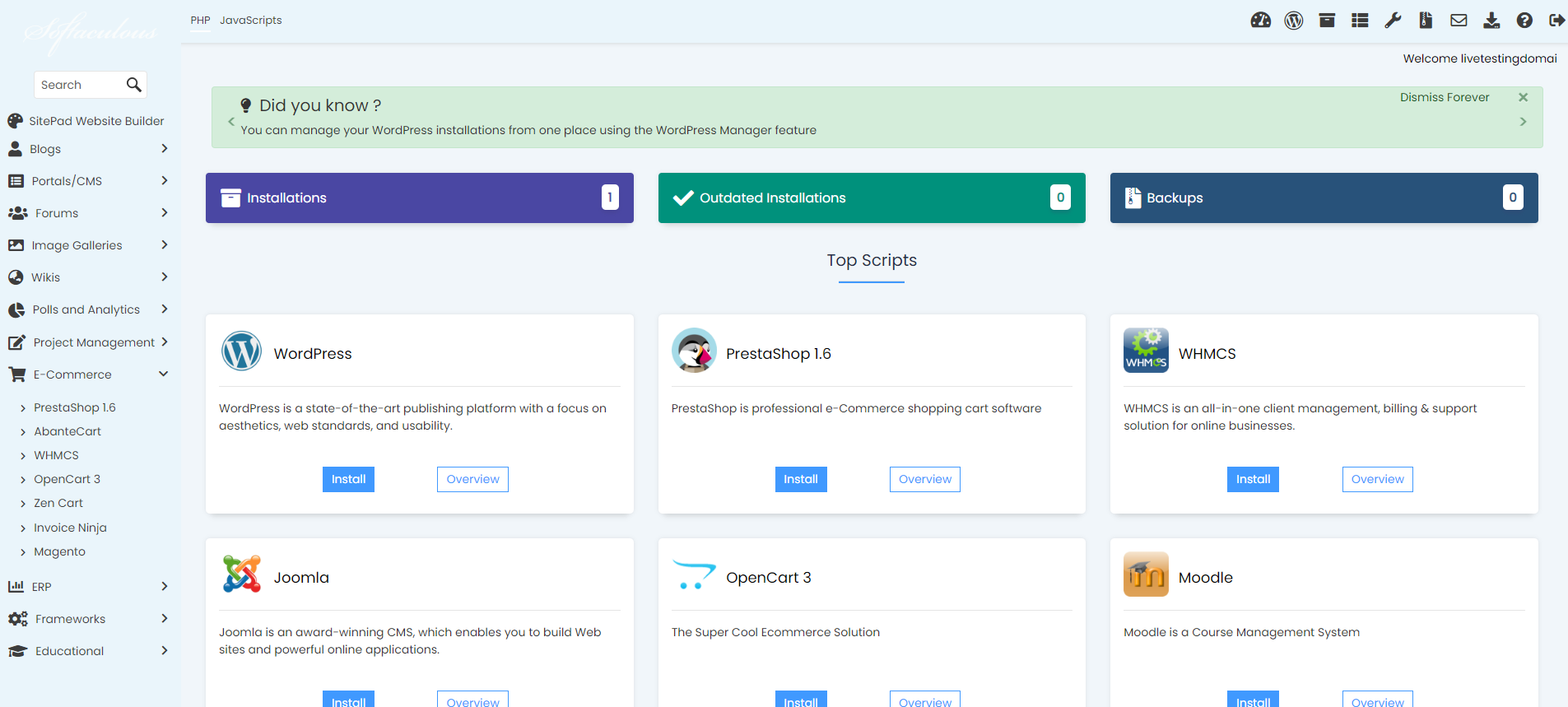 Install Zen Cart From Softaculous - Softaculous Dashboard