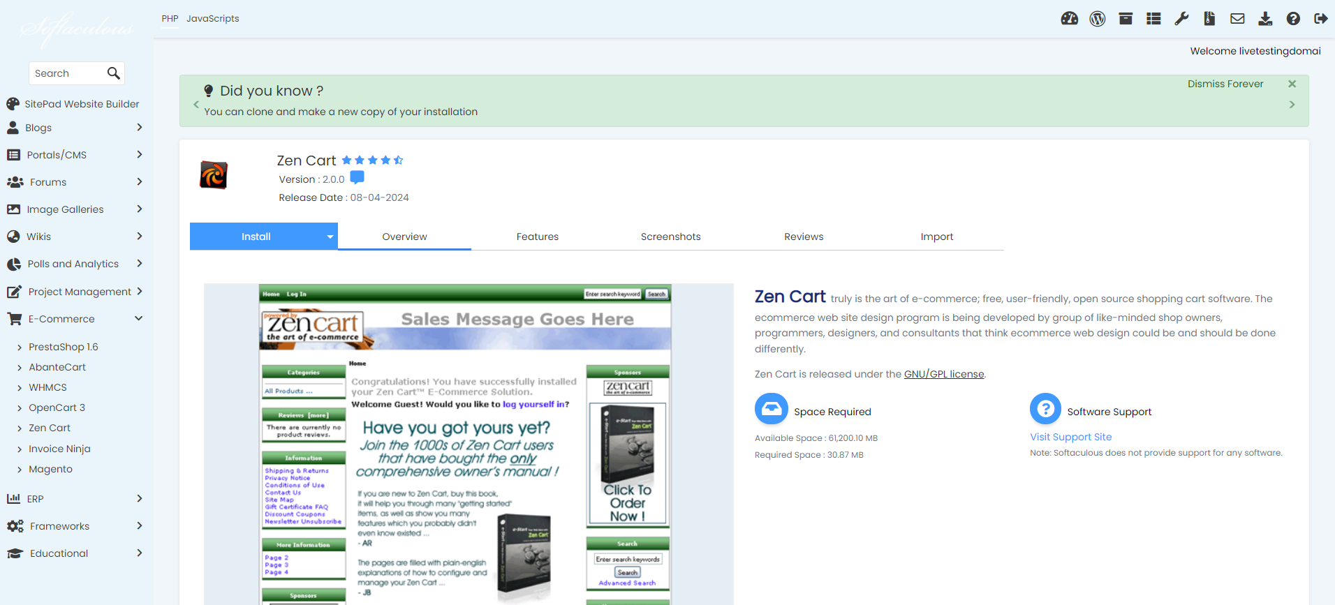 Install Zen Cart From Softaculous - Zen Cart Install
