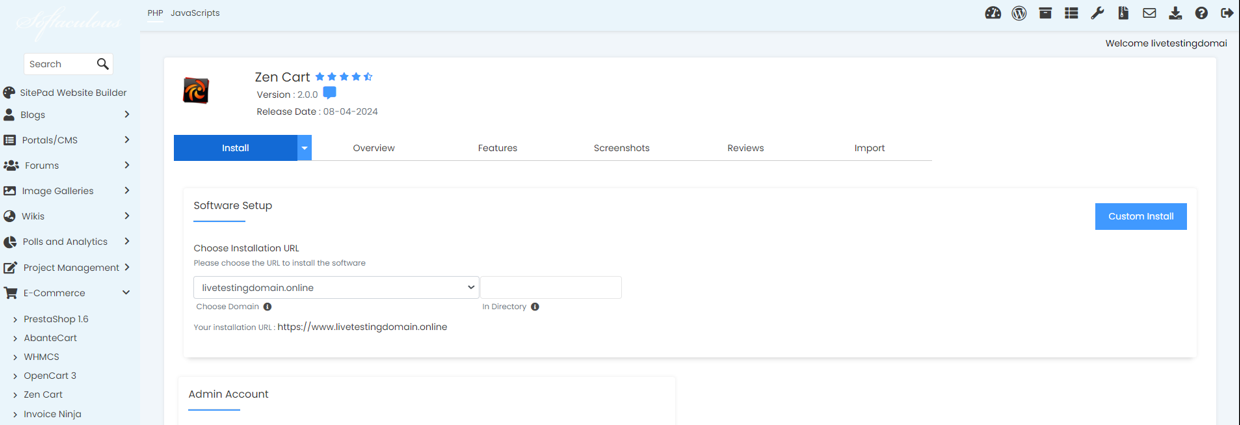 Install Zen Cart From Softaculous - Zen Cart Custom Install