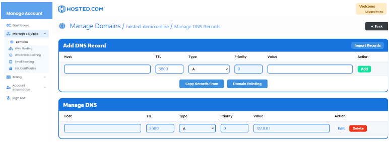 Manage Domain DNS Records