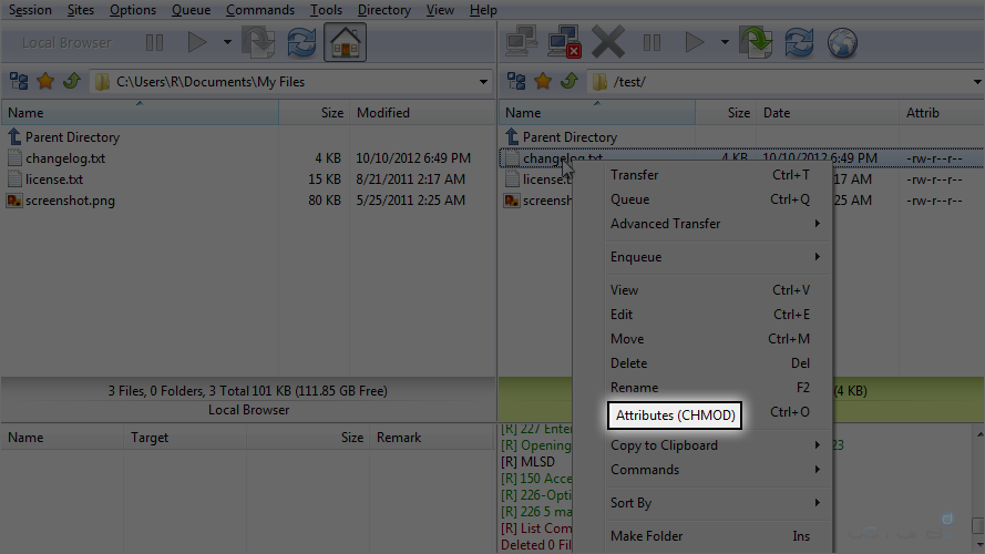 Manage Files in FlashFXP - Attributes (CHMOD)