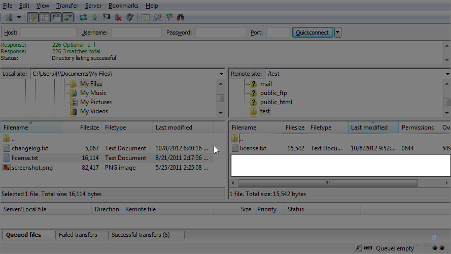 Manage Files in FileZilla - Server Screen
