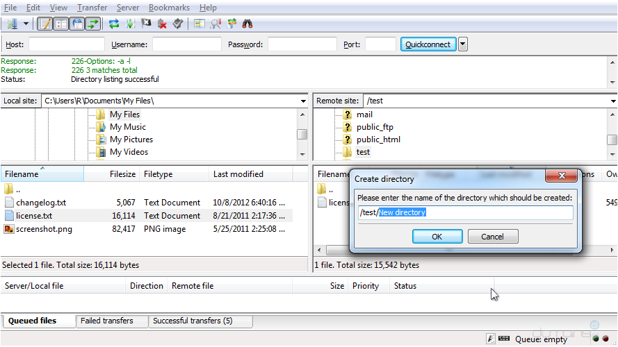 Manage Files in FileZilla - Name of Directory