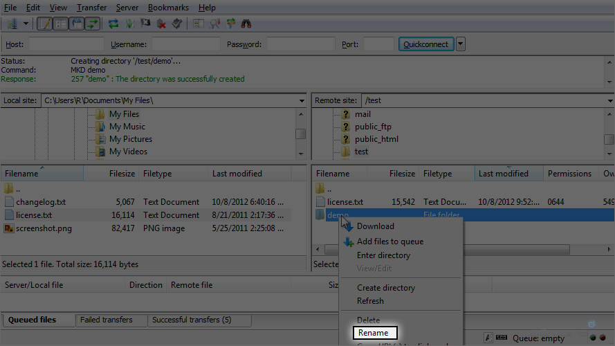 Manage Files in FileZilla - Rename