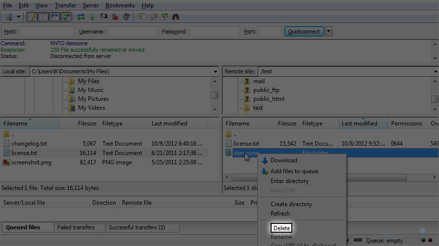 Manage Files in FileZilla - Delete