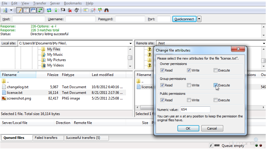 Manage Files in FileZilla - Change File Attributes