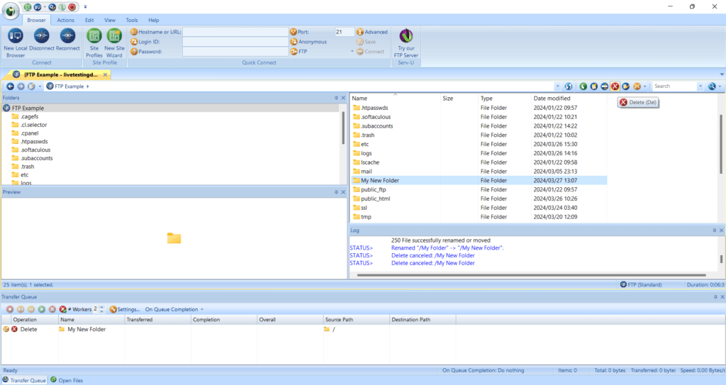 Step 5 - Manage Files in FTP Voyager - Delete a Folder