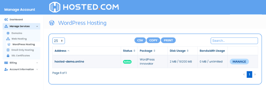 Hosted.com® Dashboard - Manage Services