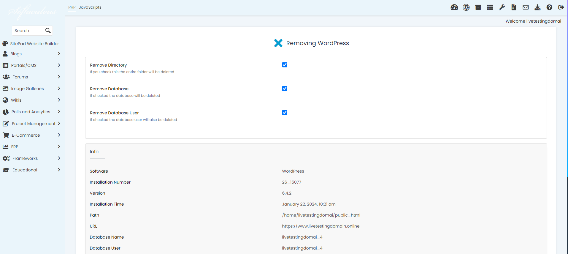 How To Remove A Softaculous Script - WordPress Script Removed