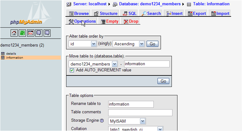 Rename A Database Table With phpMyAdmin - Operations Button