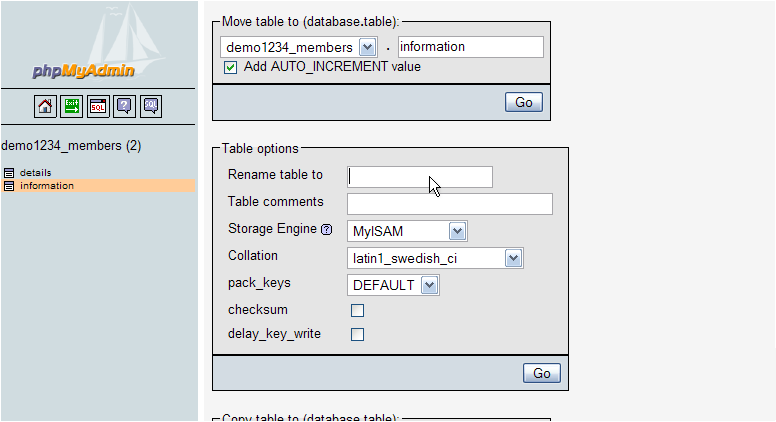 Rename A Database Table With phpMyAdmin - Database Table New Name