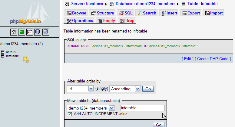 Rename A Database Table With phpMyAdmin - Renamed Database Table