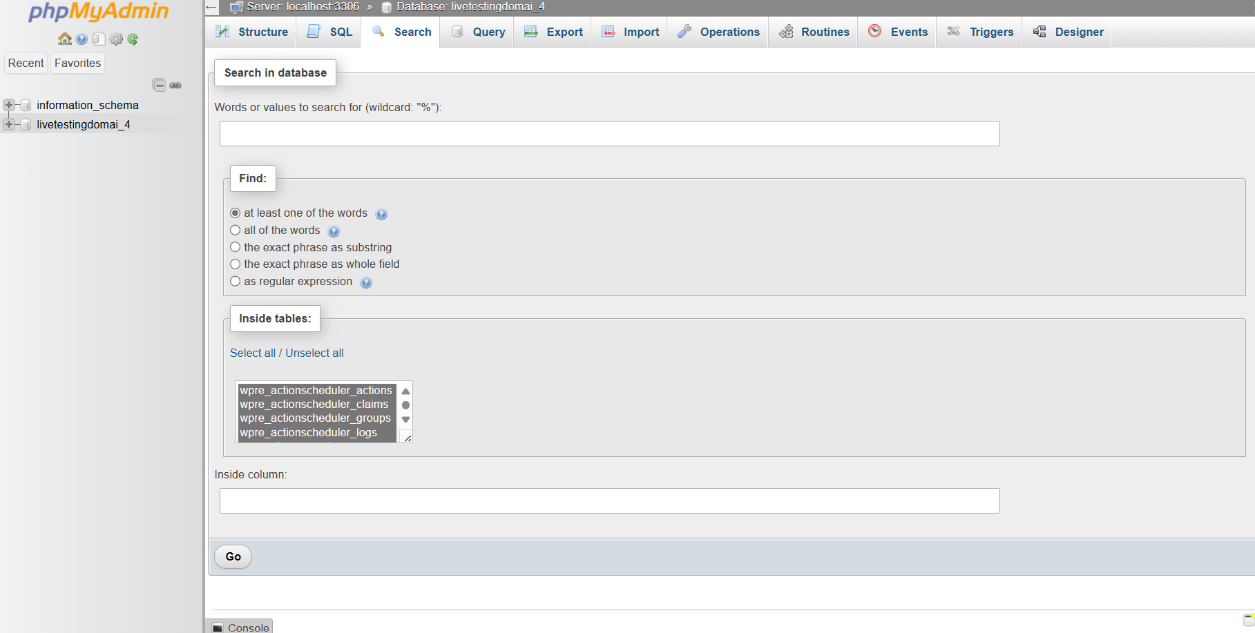 Search A Database Table With phpMyAdmin - Search Field