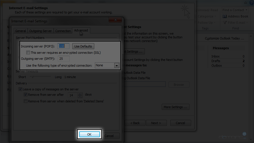 Outlook 2010 - Server Port Numbers