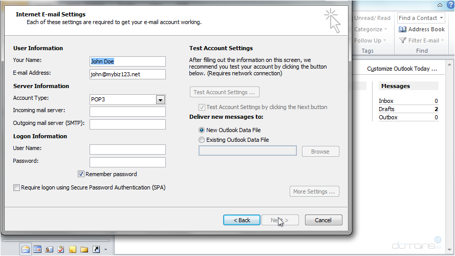 Outlook 2010 - Server Settings