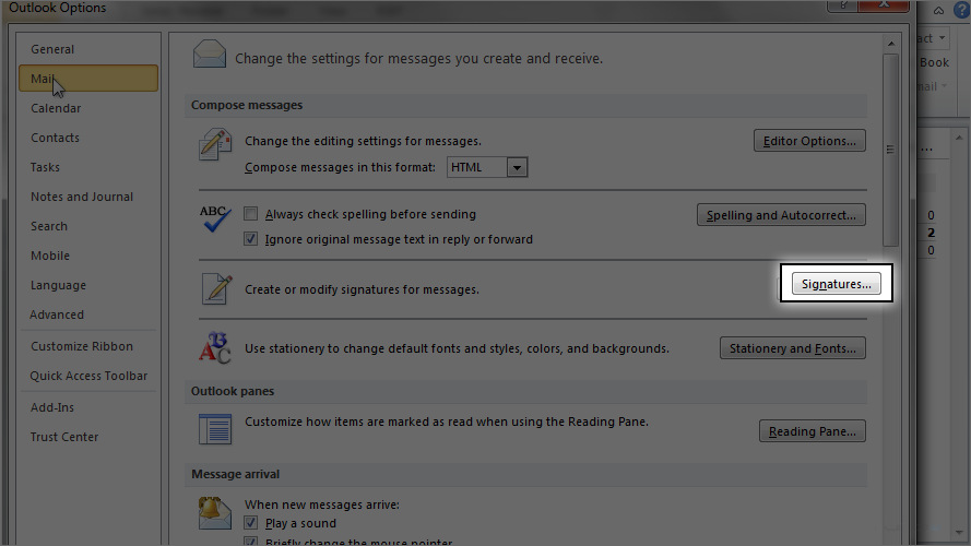 Email Signature in Outlook 2010 - Click On Signatures