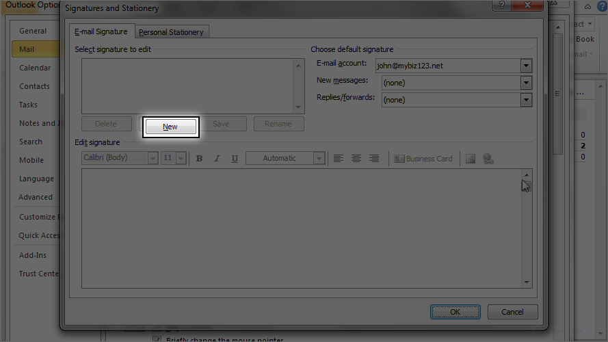 Email Signature in Outlook 2010 - Create New Signature