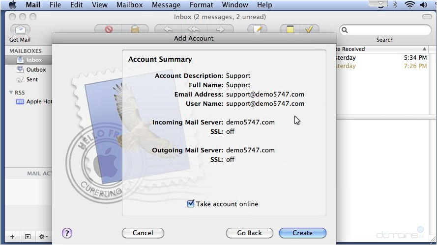 Setup IMAP Email On Apple Mail - Account Summary