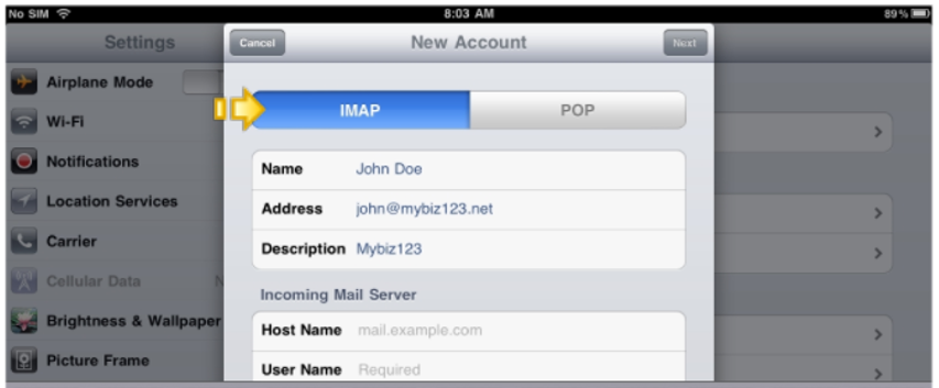 Setup An IMAP Email Account On iPad - Select IMAP