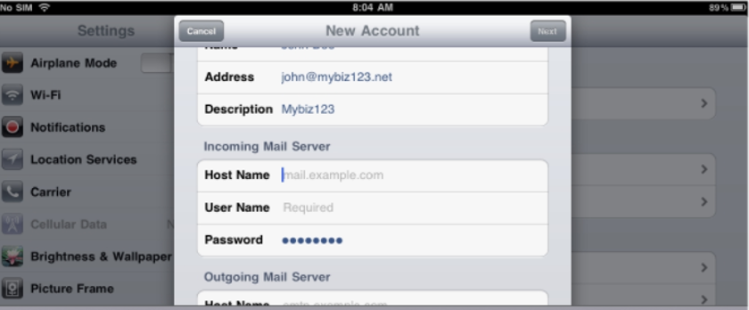 Setup An IMAP Email Account On iPad - Incoming Mail Server (IMAP) Settings