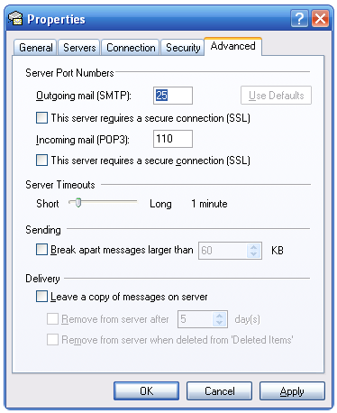 Enable SMTP Authentication Outlook Express - Advanced Properties Tab