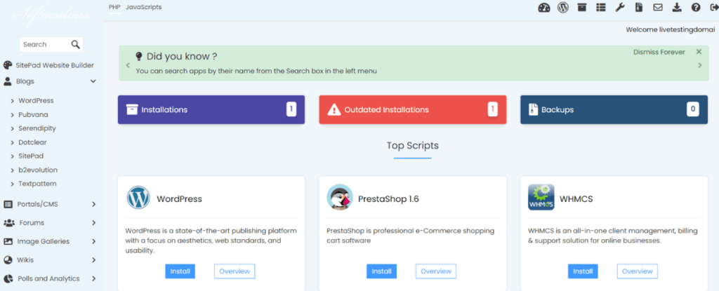 Access Softaculous In cPanel - Softaculous Main Screen