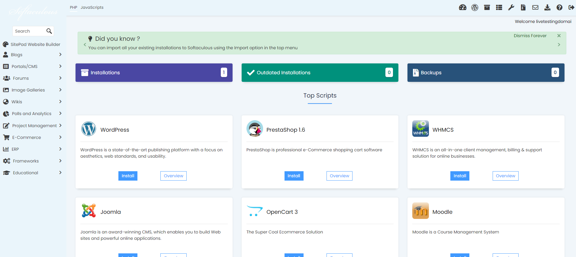 List All Installed Softaculous Scripts - Softaculous Dashboard