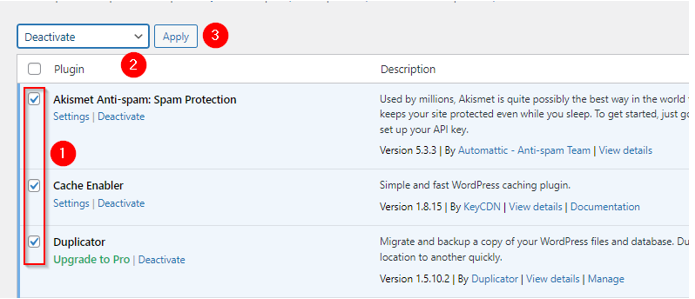 How to Backup Your WordPress Site - Deactivate Multiple Plugins