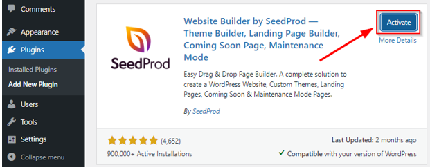 How to Create a WordPress Landing Page - Activate SeedProd Plugin