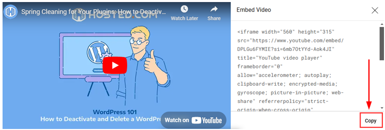 Embed A Video In WordPress - Copy Embed Code
